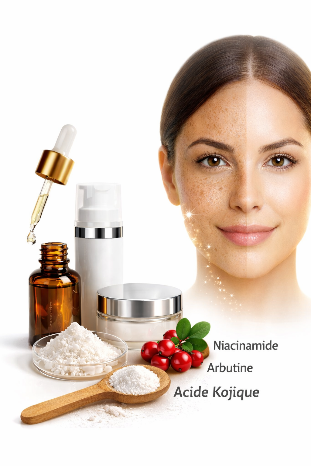 Brightening active ingredients: arbutin, kojic acid, niacinamide